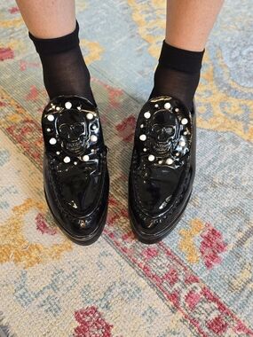 Black Patent Skull Embellished Loafers - Women